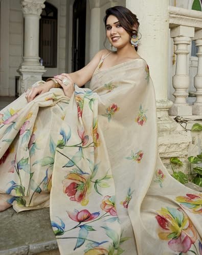 Image of Yashika Women's Chanderi Floral Digital Print Chandheri Saree with Unstitched Blouse Material