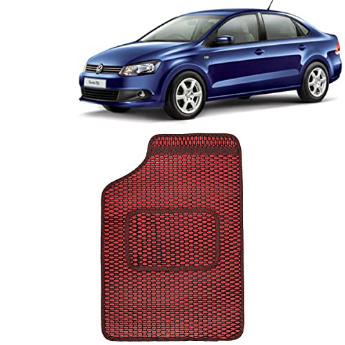 Image of Kingsway Dotted Design Car Floor Foot Mats Universal Fit for Volkswagen Vento, Model Year : 2010-2017, Water and Dustproof, Color Red, Set of 5 Pieces