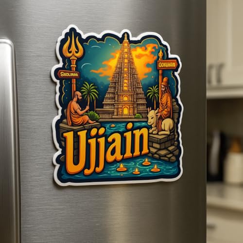 Image of Naxon Ujjain Mahakal Temple Theme Souvenir Wooden Fridge Magnet for Refrigerator - Printed Fridge Magnet for Kitchen & Home Decor | Perfect Souvenir Gift | Size 3x3 in | Pack of 1