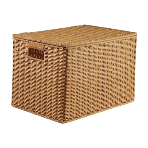 BRZU 藤編み収納ボックス 蓋付き 北欧スタイル クローゼット収納 キッチン戸棚収納盒 編みかご 家庭用 小物整理 日用品・靴下・下着収納 ファッショナブル (浅カレーリボンカバー36 X 22 X 24 cm)