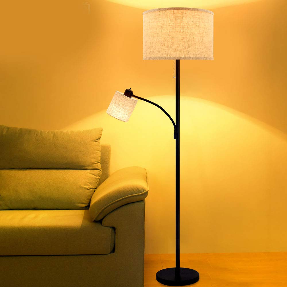 DINGLILIGHTING 2 Head Modern Floor Lamp Black, Adjustable Reading Floor Light, Eye-Care Standing Lamp for Living Room, Bedroom, Office, Fabric Shade, 2* LED E27 Bulbs Included, 3000k Warm White