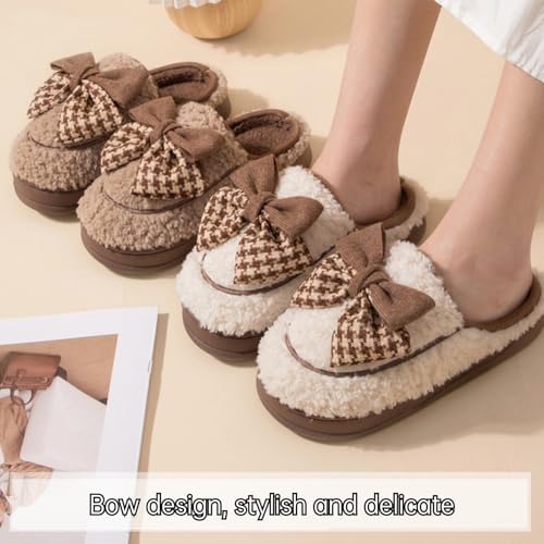 Bow Design Fluffy Warm Fuzzy Cute Closed Toe Slippers Comfy Autumn Winter Indoor Outdoor Slippers2