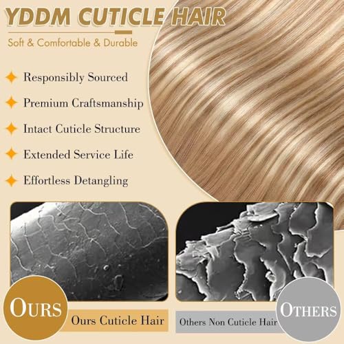 Image of YDDM Double Invisible PU OVO Butterfly Weft Human Hair Extensions 20in Remy Human Hair Glueless Micro Beads Heat-Friendly Comfortable for Women Daily(Gold Brown Mixed Dark Blonde)
