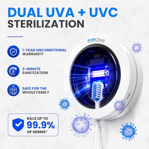 Image of PORClean Kids Electric Toothbrush & UV Toothbrush Sanitizer Combo | Rechargeable Sonic brush for Kids 3-12 Years | UV-C + UV-A Sanitizer Holder | 4 Brushing Modes | Soft DuPont Bristles