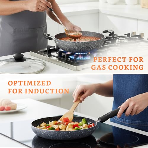 Amazon Brand - Solimo 6 Piece Non-Stick Cookware Set | Granite Finish | Induction Base | PFOA Free | HTR Exterior Coating | 25cm Tawa, 22 cm Kadai,... - Image 7
