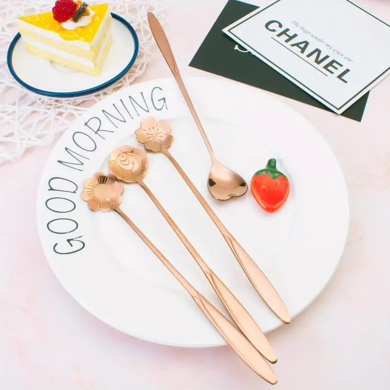 Image of Gold Tone Dessert Spoon Set with Decorative Flower and Heart Shaped Spoon Heads (Pack of 8)