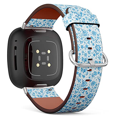 CJBROES Replacement Leather Watch Band, Compatible with Fitbit Versa 3 and Fitbit Sense of Wristband Bracelet Accessory - Blue Flowers Ornament gzhel Style