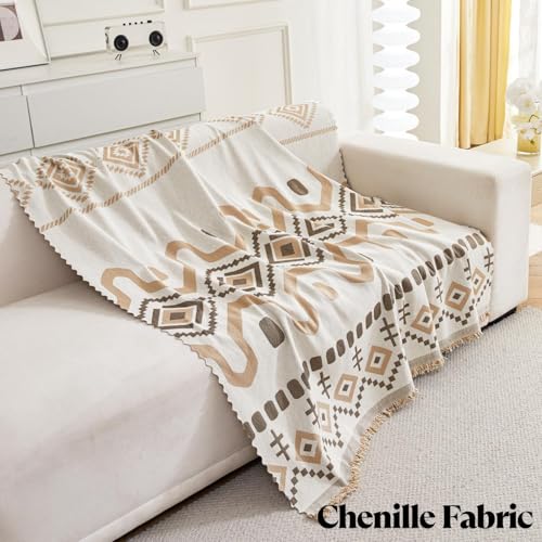 Image of HOMETHREADS Chenille Bohemian Boho Style Sofa Cover | Thick & Soft Luxury Slipcover | Protective, Washable & Stylish Couch Cover for Living Room Decor. (Bohemian Beige, 3 Seater | 180x180cm)
