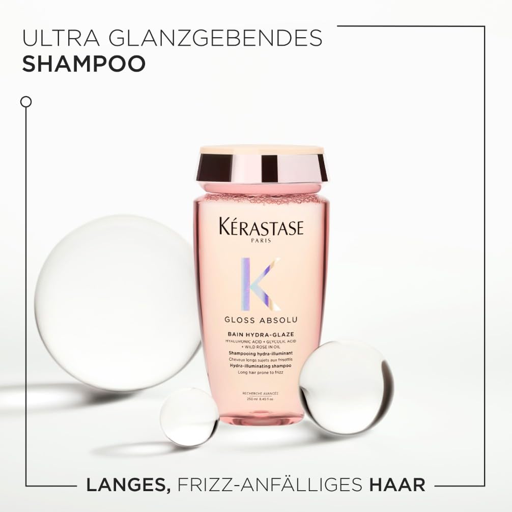 Kérastase Gloss Absolu Pflegeset mit Bain Hydra-Glaze Shampoo (1x250ml) und Fondant Insta Glaze Conditioner (1x250ml) für langes, zu Frizz neigendes Haar, Mit Hyaluronsäure, Glykolsäure & Wildrosenöl