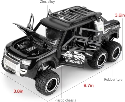 Image of 1:24 Land Rover Defender Six Wheels Off-Road Pickup Car Model, Pull Back Diecast Truck Collectible with Sounds & Lights, Gift for Kids, Boys, Girls, and Adults (Black)
