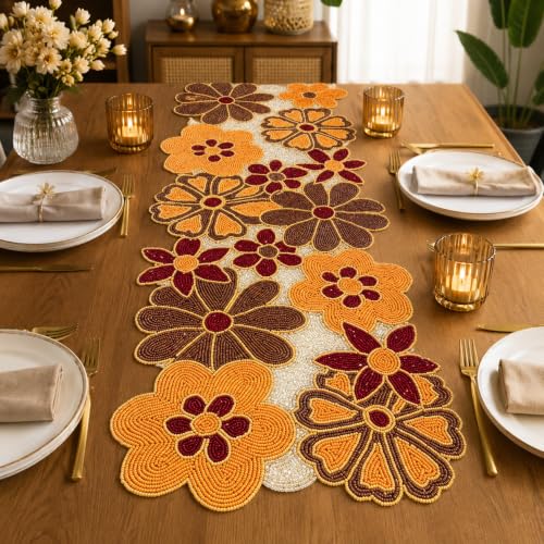Image of MFU Made For You Hand Beaded Table Runner 13x36 inches for Dining Table, Special Occasions (13x36 Inches, Golden & Red Floral)