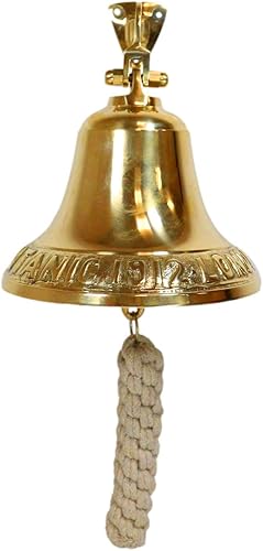 Ebros Gift Campana de Titanic de latón macizo envejecido con cordón para puerta, pared, cena, patio, granja, crucero náutico, océano, crucero,
