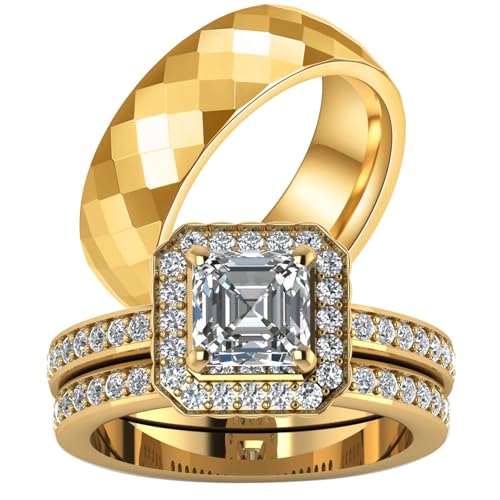 ringheart Couple Rings Matching Rings Yellow Gold Plated 1CT AAA CZ 2pcs Women Wedding Ring Sets for Him and Her Rings Men Band