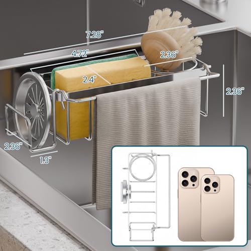 Image of TAILI 4-in-1 Sponge Holder for Kitchen Sink with Strong Suction Cup-Silver | Removable Rustproof 304 Stainless Steel Multi-compartment Sponge Holder with Suction Cup, Keeps Brushes & Scrubbers Tidy