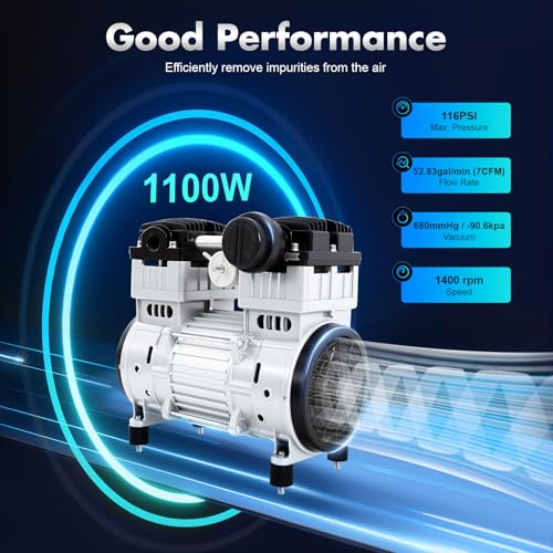 Bomba de Vacío Rotativa de Paleta Sin Aceite 1100W, 7CFM, 116PSI, 680mmHg para HVAC, Reparación de AC Automotriz, Lab Dental - 110V miniatura 2