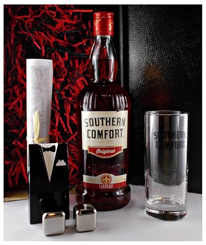 Geschenk Southern Comfort Whiskey Likör + Original Glas + 2 Kühlsteine im Smoking