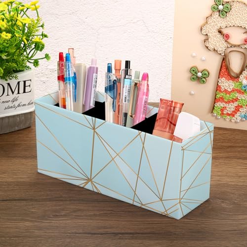 Image of AccuPrints Sumiko Paper Board Pen Holder Stand, Desktop Pen Organizer,3 Compartment Pen and Pencil Holder, Desktop Organizer for Store Marker, Office Supplies, Makeup Organizer (Blue Line Pattern)