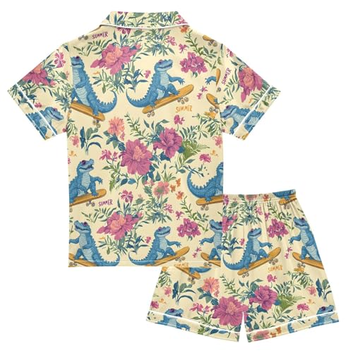 ALAZA Crocodile Floral Blossom Satin Pajamas Set Short Sleeve Button Down Sleepwear Summer Pjs 2 Piece2