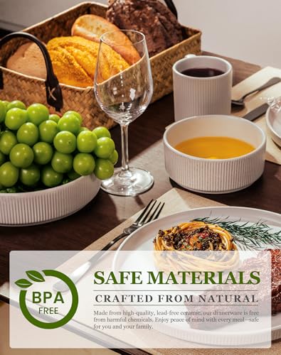 Image of OTAGO 16-Piece Dinnerware Set for 4 with Mugs, Ribbed Stoneware Plates and Bowls Sets, Unique Handcrafted Reactive Glaze, Chip and Scratch Resistant Dish Set, Microwave & Dishwasher Safe, White