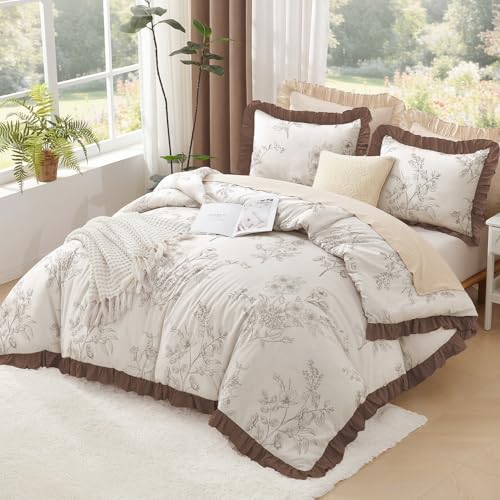 Image of Litanika Beige Brown Twin Comforter Sets, 2 Pieces Coffee Ruffle Floral Farmhouse Bedding Comforter Sets, All Season Soft Lightweight Fluffy Microfiber Bed Set(66x90In Comforter, 1 Pillowcase)
