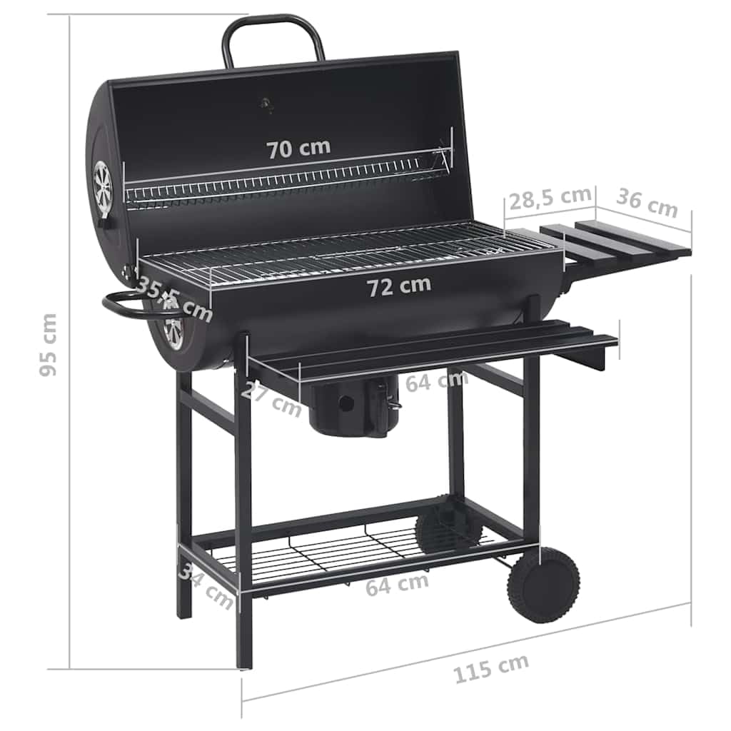 vidaXL Parrilla de Barril Ruedas y Estantes Barbacoa Ahumador Alimento Grill Carnes Pescados Salchichas Jardín Patio Camping Acero Negro 115x85x95 cm