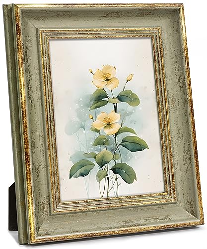 Afuly フォトフレーム おしゃれ 2L判（12.7x17.8cm）写真立て アンティーク 壁掛け 縦横兼用 額縁 グリーン ゴールド お祝い 記念日 誕生日 ナチュラル プレゼント バレンタイン 装飾 プレゼント