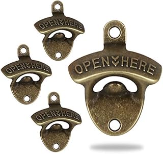 4 PCS Wall Bottle Opener, Metal Wall Mounted Beer Bottle Openers, Wall Mount Soda Bottle Top Catcher, for Outdoor Bars Garden Outside Cabinet Wall Mount Antique Cap Openers ( Vintage - Bronze )