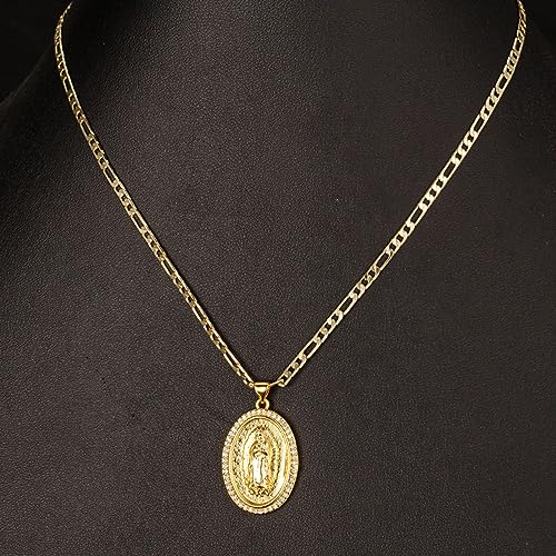 14K Gold Plated Guadalupe Virgin Mary Oval Pendant Necklace for Women Men Zircon Inlay Virgin Mary 3mm Flat Figaro Chain Necklace4