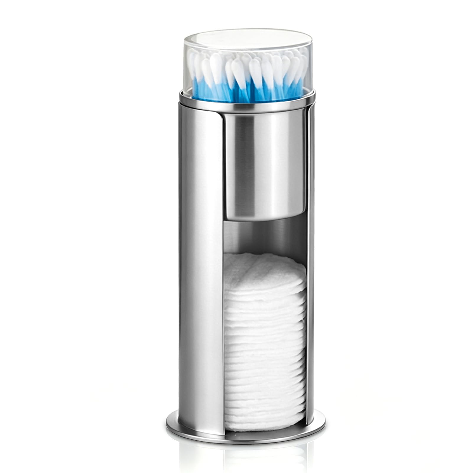 HERCHR Dispensador de hisopones de algodón de acero inoxidable con tapa, soporte de almohadilla de algodón desmontable para el baño, caja de almacenamiento de hisopones de altura de 18,5 cm
