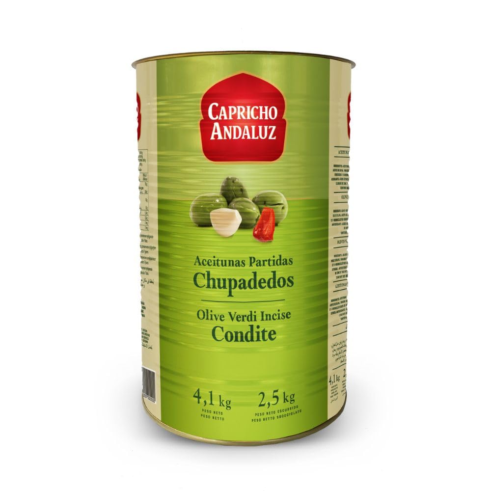 Capricho Andaluz Aceitunas Partidas Chupadedos Lata 4,1kg (2,5kg Escurrido) Aliño Tradicional Ajo Pimiento Profesional