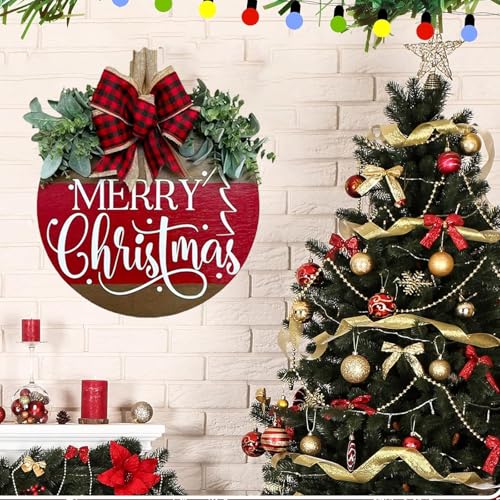 Image of Merry Christmas Wreath Hanging Sign for Front Door, Wooden Welcome Wreaths Sign with Bow for Holiday Rustic Farmhouse Outdoor Wall Window Decor (Merry Christmas)