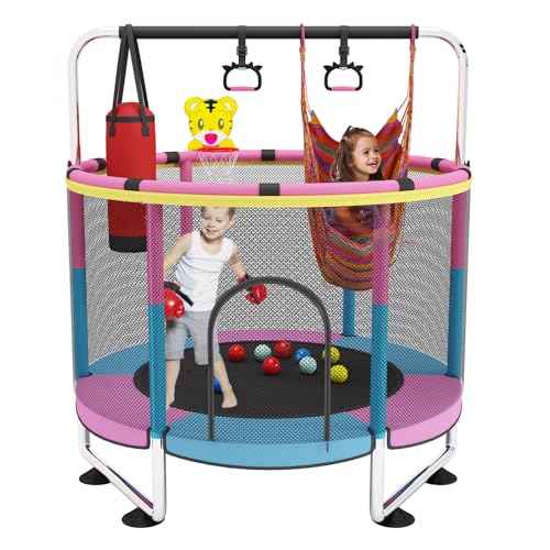 Trampolin Kinder, 150cm Kinder Trampolin Outdoor/Indoor, 200kg verstellbares,mit Basketballkorb und Gehäuse,Geschenke für Jungen und Mädchen