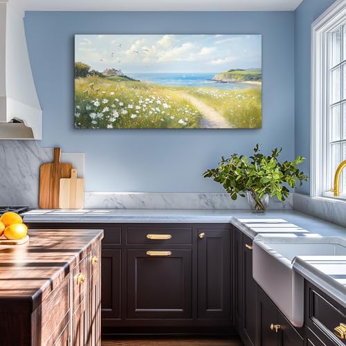 SERIMINO Coastal Landscape Large Wall Art, Country Scenic Canvas Art Wall Decor, Meadow Wildflowers Nature Art Prints, Rustic House Decorations Living Room Bedroom Above Bed Wall Pictures 24"X48"