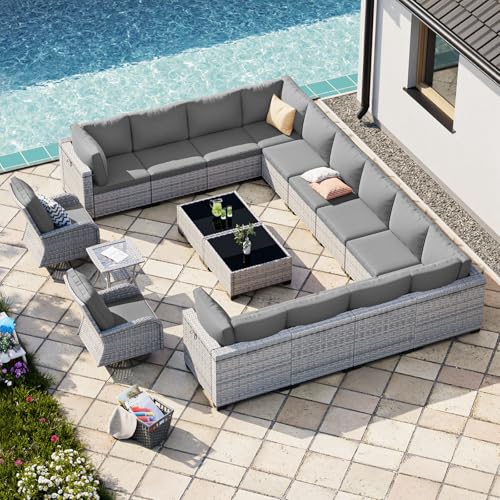 Image of Outdoor PE Wicker Rattan Modular Patio Sectional Sofa Set | 17-Piece: 12 Modular Seats, 2 Coffee Tables, 2 Swivel Rocking Chairs & Side Table, Grey