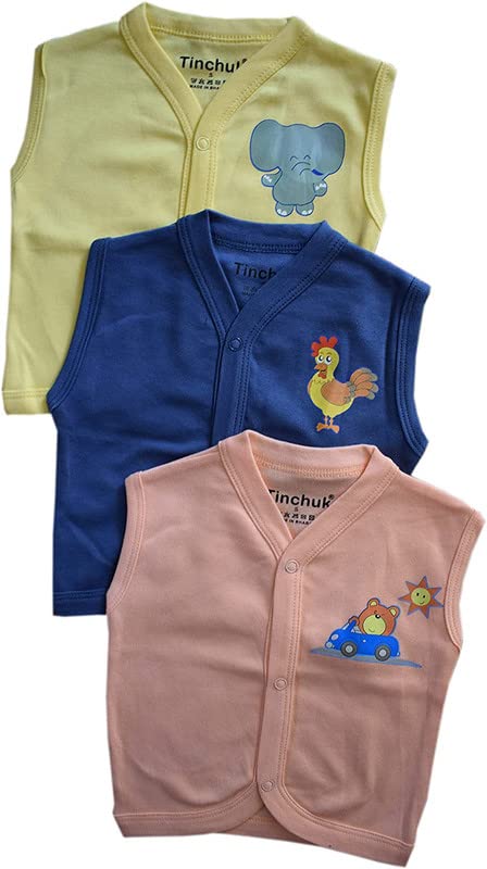 Tinchuk Baby Boy's and Baby Girl's Summer Front Open Sleeveless Cotton Multicolored Solid Color Tees with Print Jhabla Vest Pack of 3 (Multicolor,18-24 Months) 1