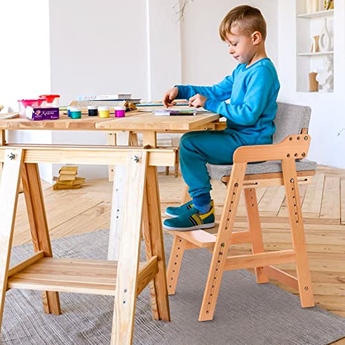 Ezebaby Hochstuhl, höhenverstellbarer Holzhochstuhl für kinder von 3 bis 12 Jahren Buchenholz Kinderstuhl, Lehrstuhl, Stabil & Sicher bis 90 kg für Kinder und Erwachsener (Natur)