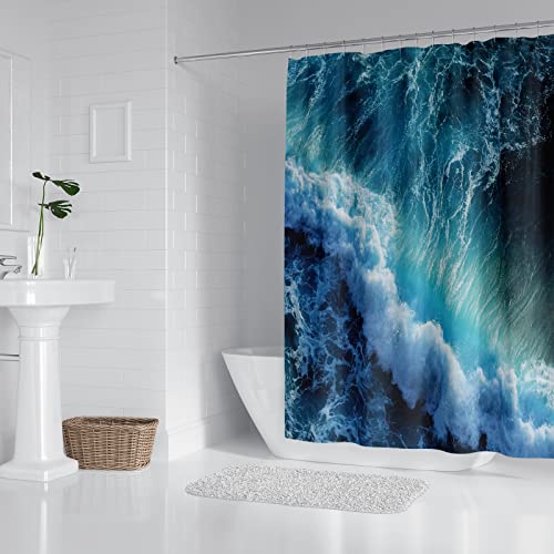 Shower Curtain Blue Mould Proof Resistant Waterproof 3D Ocean Waves Bathroom Curtains with 12 hooks Quick-Drying Weighted 180x180cm (71x71Inch) Polyester Shower Curtains for Bathroom Wet Room Tub - Image 2