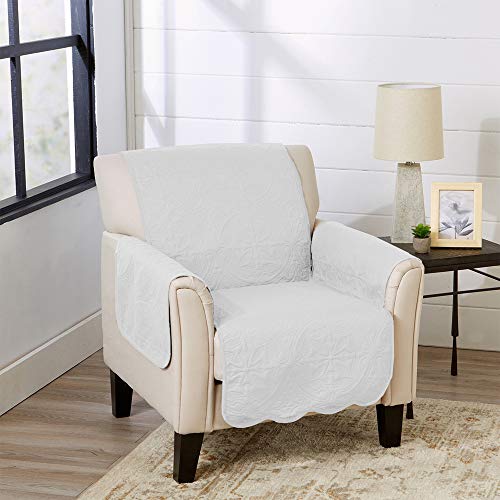 Image of Great Bay Home Reversible Chair Cover - Washable Slipcover Furniture Protector with Elastic Straps - Perfect for Kids & Pets - Quilted & Stitched Detail (White /Sand)