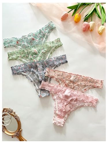 Image of SHENHE Women's 5 Packs Floral Lettuce Trim Bow Low Rise Cute Thong Panties Underwear