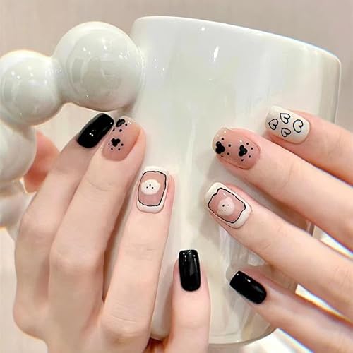 ZGHQHCDRH ネイルチップ ショート 24枚入チップ つけ爪 黒 白 犬 人気 和風 可愛い シンプル おしゃれパーティー ネイル チップ 秋冬 春夏 花嫁光沢 成人式 入学式 卒業式 結婚式 両面テープ付き