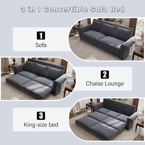 Image of Eafurn 93.7 inch King Size Pull Out Sofa Bed, 3-in-1 Convertible Sleeper Sofa Couch Bed with Nailhead Decor and Rolled Arms, Velvet Oversized Chesterfield Loveseat Chaise Lounge