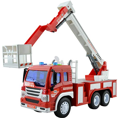 GizmoVine Feuerwehrauto mit Sound und Licht Reibungskraft Baufahrzeug Spielzeugauto Feuerwehr Spielzeug mit Drehleiter für Jungen Mädchen 4, 3, 2 Jahre Zurückziehen