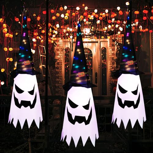 3 Stück Halloween Deko Outdoor, 80CM Halloween Geist Dekoration Garten mit Hexenhut, Lichterkette Fliegende Geisterhüte mit 14 LED Lichtern für Party Horror Terrasse Baum Veranda Deko 3 Stück Halloween Deko Outdoor, 80CM Halloween Geist Dekoration Garten mit Hexenhut, Lichterkette Fliegende Geisterhüte mit 14 LED Lichtern für Party Horror Terrasse Baum Veranda Deko