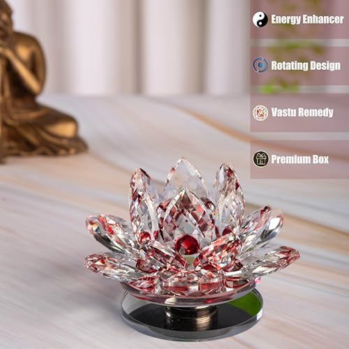 Image of Feng Shui Crystal Lotus Flower Showpiece & Paper Weight | Vastu Decor for Home & Office | Desk Decoration | Fengshui Items for Positive Energy, Wealth & Gifting | Red (Small-8.5 x 5.5 CM)