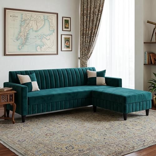 Image of FURNY Gracina 5 Seater L Shape Sofa Set with Movable Ottoman | Flexible Left or Right Layout | Plush Velvet Fabric (Greenish Teal) | Perfect for Living Room, Guest Room & Office