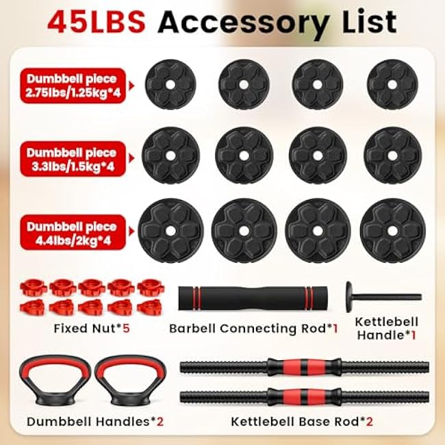Adjustable Dumbbell Set, 20/33/45/70/90lbs Free Weight Set with Connector, 4 in1 Dumbbells Set Used as Barbell, Kettlebells, Push up Stand, Weight Set for Home Gym Suitable Men/Women