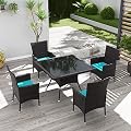 Kurapika 5-Piece Patio Furniture Outdoor Dining Set, Wicker Rattan Patio Dining Table and Chairs Set, Square Tempered Glass Tabletop with Umbrella Hole and 4 Chair Set, Blue