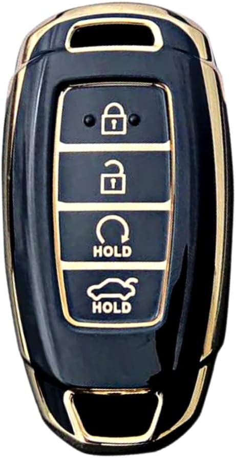 Soft TPU Premium Car Key Cover Compatible with Hyundai i20 Nline 2024, 2025 | Verna 2023 Model | 4 Button Smart Key ( Black with Golden)