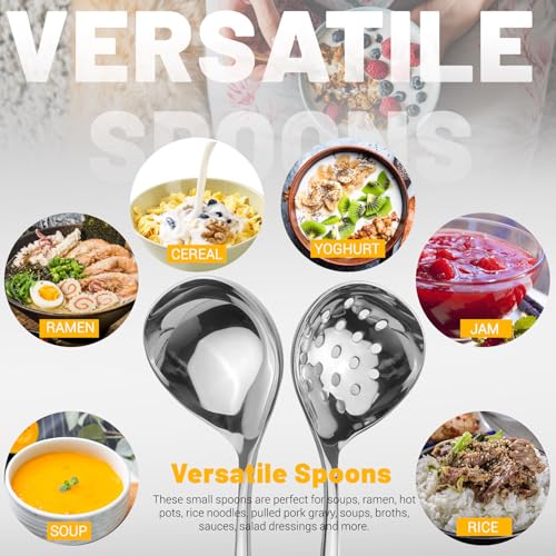 2 padelle piccole e cucchiai scanalati, Heavy Duty 304, in acciaio inox gravy, mini padelle per servire, scolapasta padella con fori, argento, 2Pcs Small Ladle+ Slotted Ladle, Silver - immagine 6