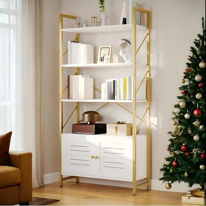 YITAHOME Bookshelf with Storage Cabinet, Modern Bookcase Standing 5 Tiers Book Shelves Display Rack with Doors for Bedroom Living Room Office, White